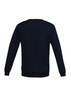 A dark navy pullover jumper with long sleeves and a round neck, featuring basic knit texture. It has a logo.