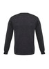A dark grey men's pullover sweater featuring long sleeves and a simple design at the back. It has a logo.
