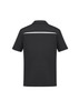 A black short sleeve polo shirt featuring a white accent stripe on the back and a logo.