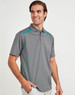 A grey men's polo shirt featuring contrast turquoise detailing and a logo. Short sleeves and a classic collar design.