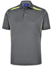 A grey polo shirt with yellow contrast detailing and a button-up collar. It features a logo on the chest.