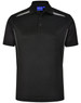 A black men's short sleeve polo shirt with contrast detailing and a logo on the collar.