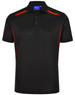 A black polo shirt with red contrast detailing and a branded logo, featuring a classic collar and three-button placket.