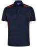 A navy polo shirt with contrasting red side panels and a collar. It features buttons and a logo.