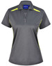 A grey ladies' polo shirt with contrasting yellow accents and a polo collar. It features a logo on the label.