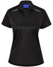 A black ladies' polo shirt featuring a sustainable poly/cotton blend with contrast detailing and a logo.