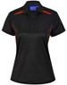 A black polo shirt with contrasting red accents, featuring a collar and button placket. Includes a logo.