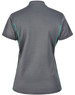 A grey ladies' polo shirt with contrasting teal side accents and a collar. It features a logo on the design.