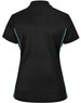 A black ladies' polo shirt featuring contrast turquoise detailing and a logo.