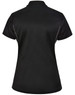 A black ladies' polo shirt with contrast piping, featuring a logo on the back. Made from sustainable poly/cotton.
