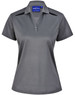 A grey ladies' polo shirt featuring a button-up front and contrasting black shoulder panels. It has a logo on the collar.