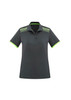 A women's short sleeve polo shirt in dark grey, featuring neon green accents and a logo on the chest.