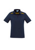 A navy short sleeve polo shirt with yellow accents and a collar. The shirt features a logo on the chest.