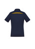 A navy blue women's short sleeve polo shirt with a subtle yellow accent on the back. It features a logo.