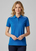A vibrant blue women's polo shirt with short sleeves and a collar, featuring shoulder accents and a logo.