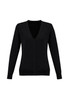 A black women's knitted cardigan featuring a V-neck and button front closure. The sleeves are long and fitted.