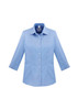 A blue women's button-up shirt with 3/4 sleeves and a collar, featuring a logo on the chest area.