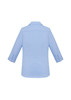 A light blue women's button-up shirt featuring 3/4 sleeves and a collared neckline, with a logo visible.