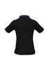 A black polo shirt with short sleeves and contrasting blue trim, featuring a logo.
