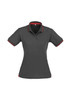 A women's short sleeve polo in dark grey with red accents and a logo.