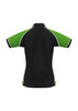 A women's polo shirt in black with green sleeves and white accents, featuring a logo on the chest.
