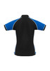 A black and blue women's polo shirt with a contrasting design and a logo on the front.
