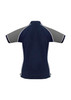 A navy blue women's polo shirt featuring grey sleeves and white piping, with a logo on the front.