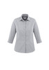 A women's button-up shirt with 3/4 sleeves in a grey check pattern, featuring a classic collar and buttons.