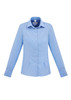 Light blue women's button-up shirt with long sleeves and a fitted design, featuring a collar and buttons down the front.