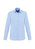A light blue long sleeve button-up shirt with a chest pocket and a brand logo.