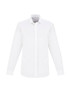 A white long sleeve button-up shirt with a collar, featuring a logo on the chest.