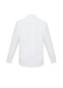 A white long sleeve button-up shirt with a collar and buttoned cuffs, featuring a logo on the back.