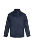 A navy blue men's softshell jacket featuring a full zip, high collar, and one zip pocket on the chest.
