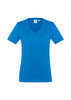 A blue short sleeve women's tee with a V-neck design and a logo on the label.