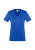 A blue women's short sleeve tee with a V-neck design and a logo on the collar.