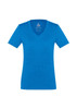 A blue women's short sleeve tee with a V-neck design and a small logo on the inside.