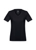 A black women's short sleeve T-shirt with a V-neck design, featuring a logo on the inside.