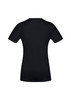 A black women's short sleeve tee featuring a fitted silhouette and a logo on the back.