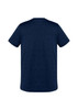 Navy blue men's short sleeve tee featuring a simple design and a logo. Back view shows smooth fabric texture.