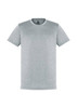 A grey short sleeve tee with a rounded neckline and a logo on the interior neck.