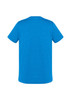 A blue short sleeve t-shirt with a simple design and a logo on the back.