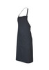 A dark grey bib apron with adjustable straps and a front pocket, featuring a logo on the fabric.