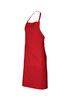 A red bib apron featuring a simple design and a single front pocket. It has an adjustable neck strap and is made for workwear.