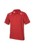 A red short sleeve polo shirt with white side panels and a collar, featuring a logo on the chest.