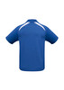 A blue kids’ polo shirt with short sleeves and a white detailing, featuring a logo on the back.