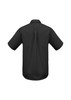 A black short sleeve button-up shirt featuring a back pleat and a collar, with a logo on the back.