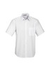 A white short sleeve button-up shirt featuring a single chest pocket and a logo.