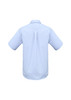 A light blue short sleeve button-up shirt with a back pleat and a logo label.