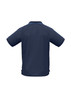 A navy blue men's short sleeve polo shirt featuring contrasting side stripes and a collar. It includes a logo on the front.