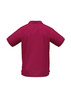 A maroon short sleeve polo shirt with a back view, featuring a logo.